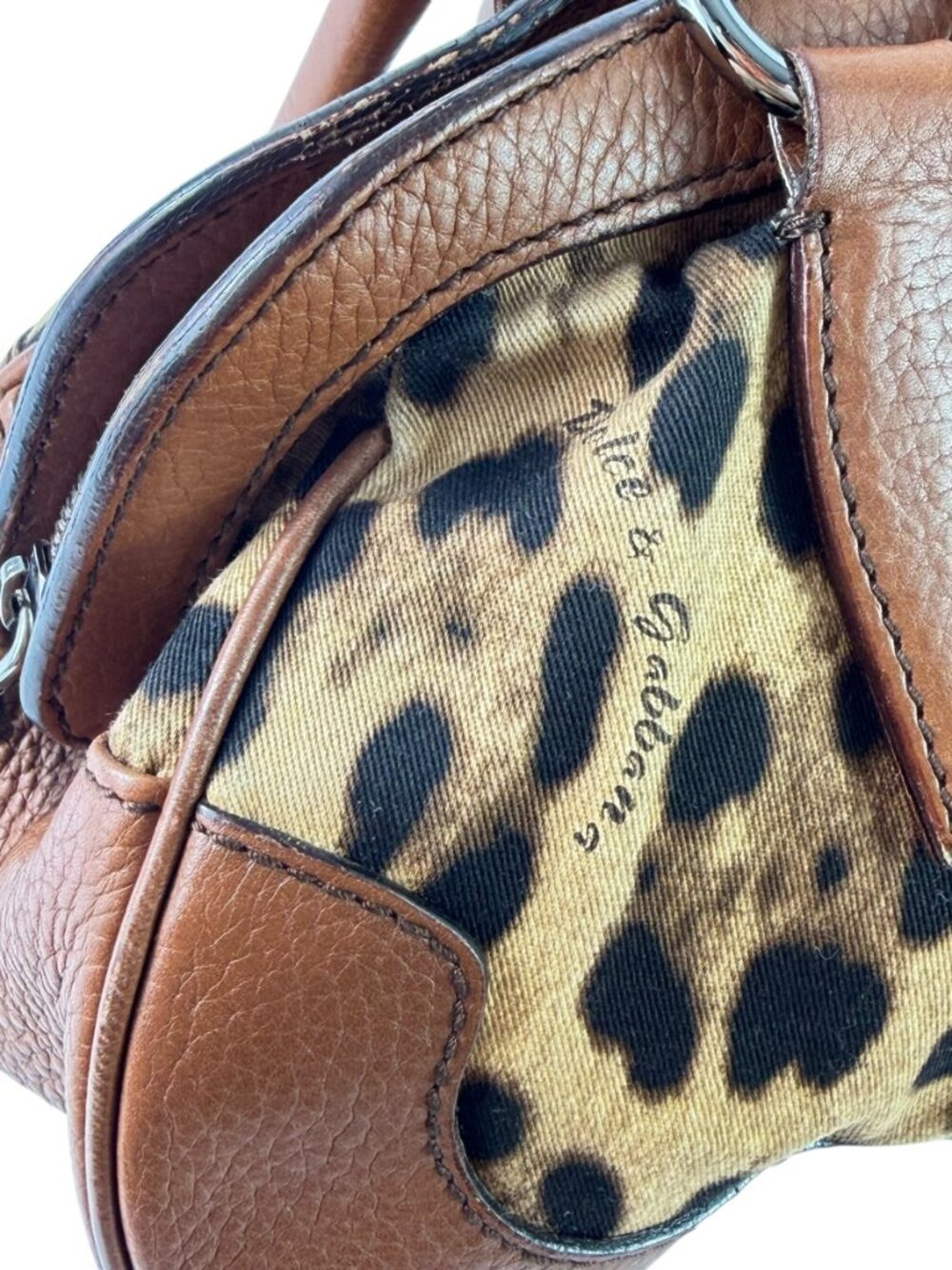 DOLCE & GABBANA Leopard Print Canvas and Brown Leather Satchel Bag Made in Italy - Picture 9 of 15